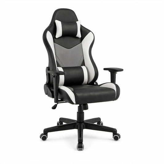 Cadeira Gaming Ergonómica Reclinável em Pele Sintética PU Preta, Branca e Cinzenta 68 x 68 x 124-134 cm