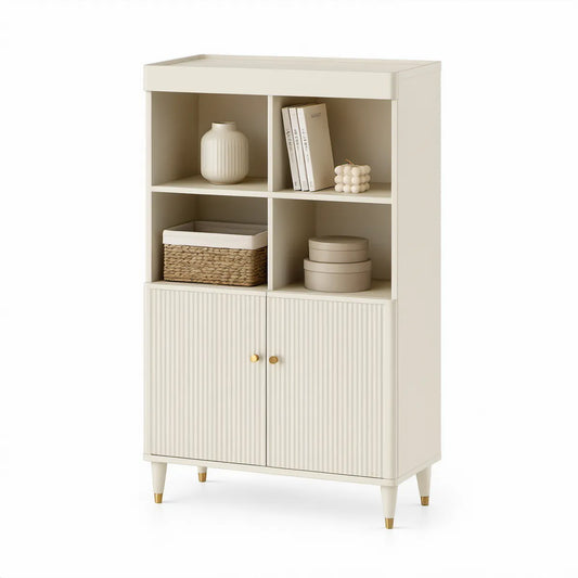 Armário Alto Retangular em MDF Bege com 2 Portas e 4 Nichos, 80 x 40 x 150 cm