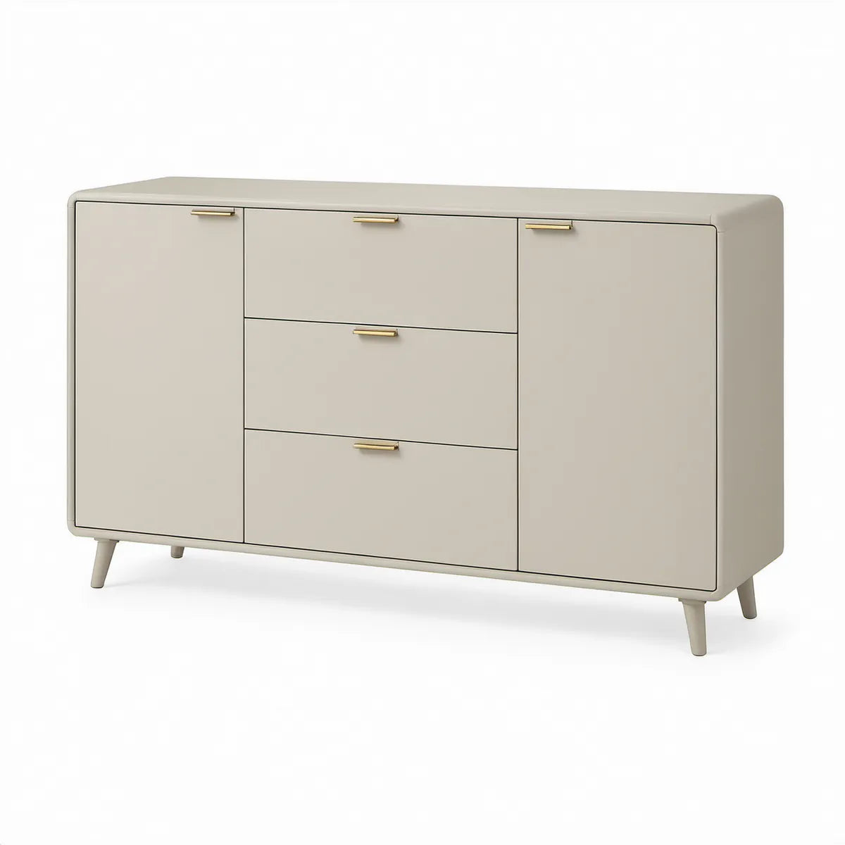 Aparador Retangular em MDF Lacado Bege e Dourado com 2 Portas e 3 Gavetas, 160 x 40 x 85 cm