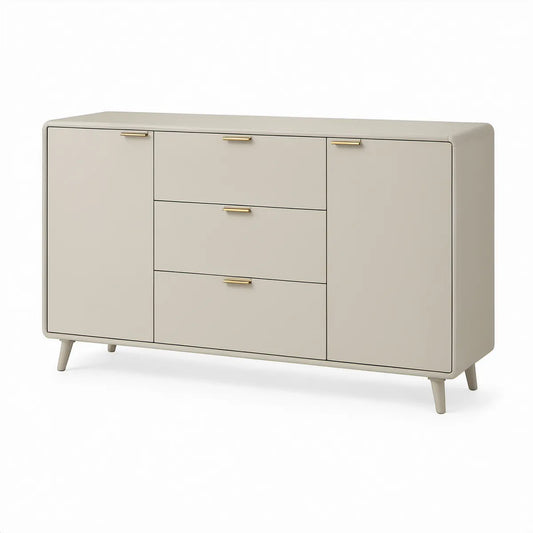 Aparador Retangular em MDF Lacado Bege e Dourado com 2 Portas e 3 Gavetas, 160 x 40 x 85 cm