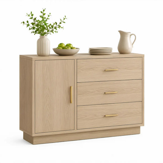 Aparador Retangular com 1 Porta e 3 Gavetas em Carvalho-Claro e Dourado, 120 x 40 x 90 cm