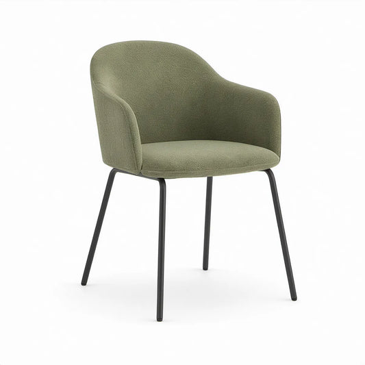 Cadeira Fixa com Braços em Tecido Bouclé Verde-Oliva e Aço Preto, 58 x 60 x 82 cm