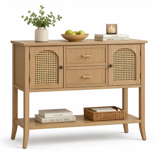 Aparador em MDF com Portas em Ratã, 2 Gavetas e Prateleira, Madeira Natural/Bege/Dourado, 120 x 40 x 90 cm