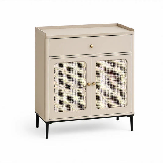 Aparador em MDF Bege com Portas em Vime, 80 x 40 x 90 cm