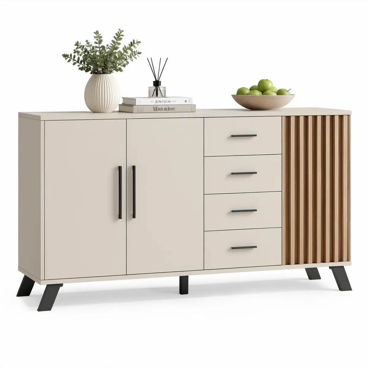 Aparador em MDF e aglomerado Bege/Natural/Preto com portas ripadas, 160 x 40 x 90 cm