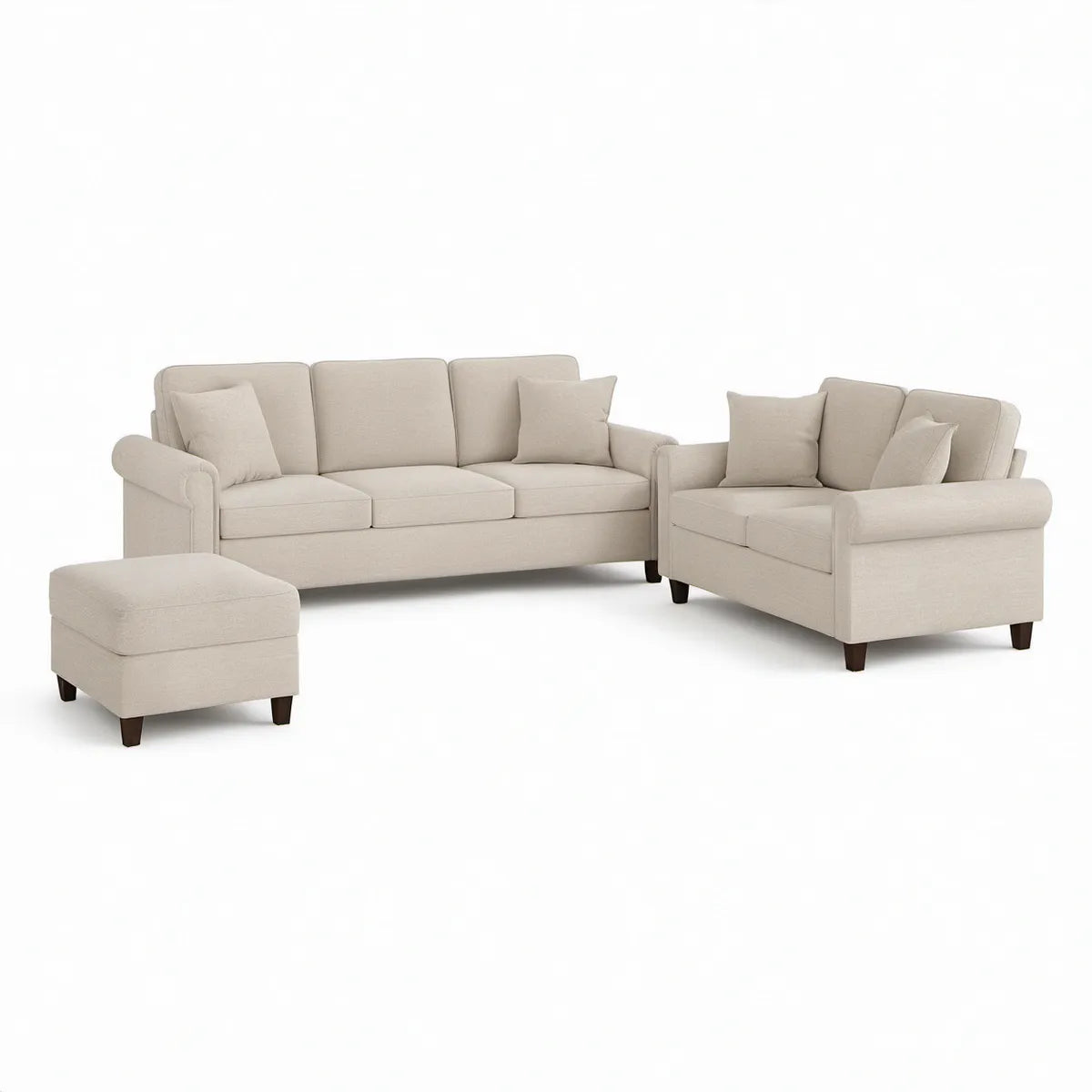 Conjunto de Sofás de 3 e 2 Lugares com Pufe em Poliéster Bege, Sofá 3 Lugares 210 x 88 x 86 cm