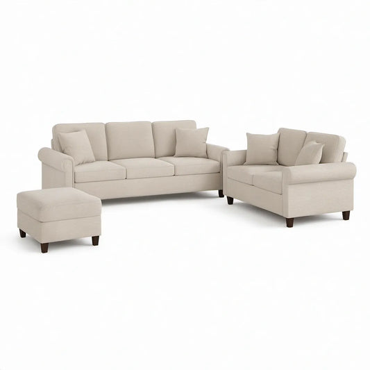 Conjunto de Sofás de 3 e 2 Lugares com Pufe em Poliéster Bege, Sofá 3 Lugares 210 x 88 x 86 cm
