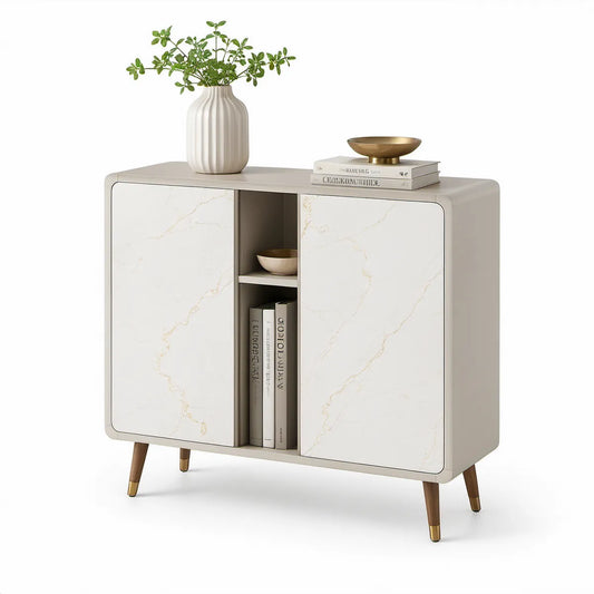 Aparador Retangular em MDF Branco com Efeito Mármore, 100 x 40 x 90 cm