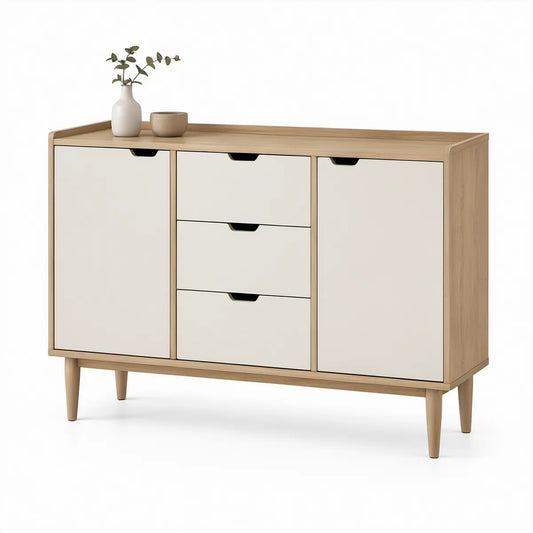 Aparador Retangular com 2 Portas e 3 Gavetas em Carvalho Claro e Branco, 120 x 40 x 90 cm
