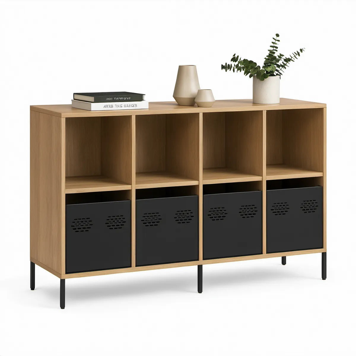 Aparador Retangular em Carvalho Natural e Preto com 4 Nichos, 160 x 40 x 90 cm