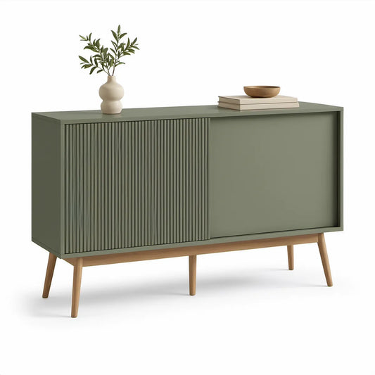 Aparador com 2 Portas de Correr em MDF Verde-sálvia e Pés em Madeira, 160 x 40 x 85 cm
